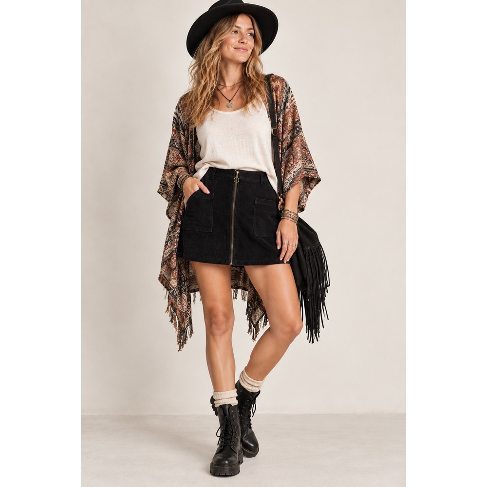Altar'd State Black Corduroy Zip Front Mini Skirt Size Medium